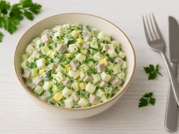 Feinschmeckersalat mit Gurkenwürfeln, Eiern, Fleisch und frischen Kräutern in einer Schüssel auf hellem Holztisch