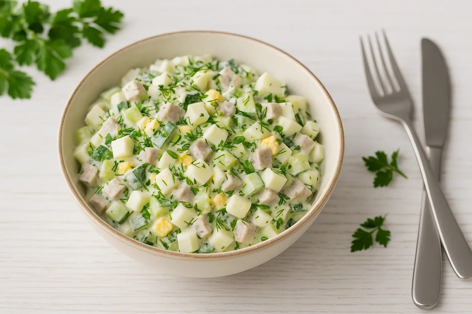 Feinschmeckersalat mit Gurkenwürfeln, Eiern, Fleisch und frischen Kräutern in einer Schüssel auf hellem Holztisch