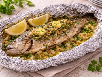 Gegrillter Fisch in Folie mit Kräutern und Zwiebeln serviert