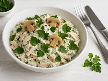 Fisch-Pilzsalat mit Fischfilet, Champignons, Kräutern und cremigem Dressing in einer Schüssel angerichtet