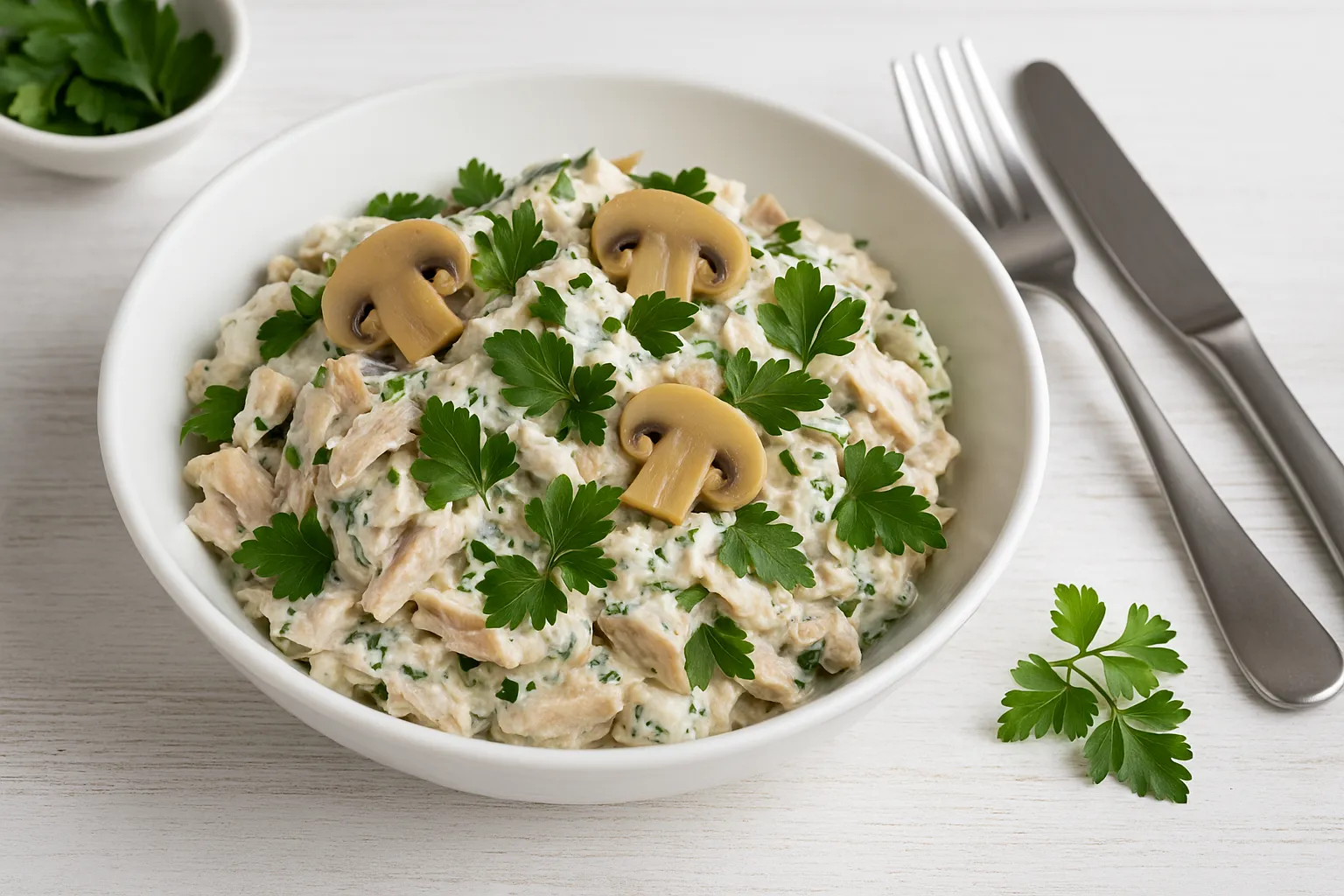 Fisch-Pilzsalat mit Fischfilet, Champignons, Kräutern und cremigem Dressing in einer Schüssel angerichtet