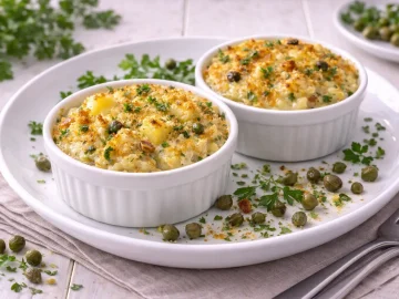 Fisch-Ragout-fin in weißen Förmchen mit goldener Käse-Semmel-Kruste und Kapern dekoriert