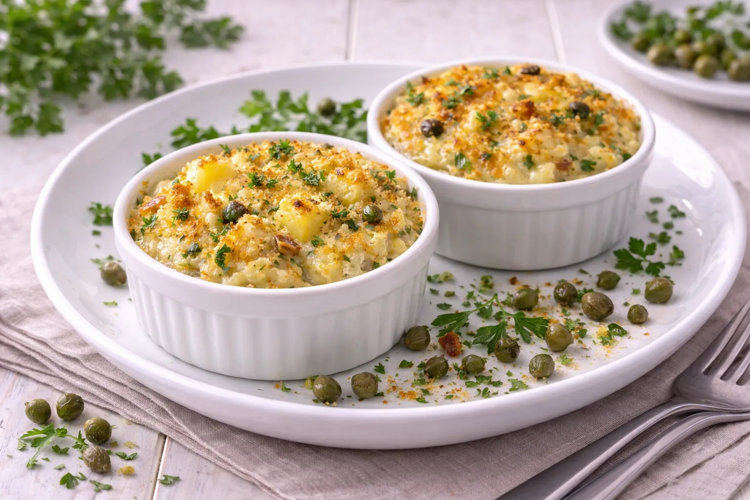 Fisch-Ragout-fin in weißen Förmchen mit goldener Käse-Semmel-Kruste und Kapern dekoriert