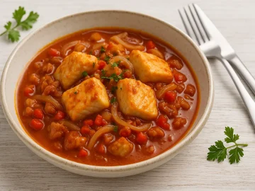 Fischgulasch mit Paprika, Speck und Zwiebeln in rustikalem Teller auf Holzhintergrund serviert