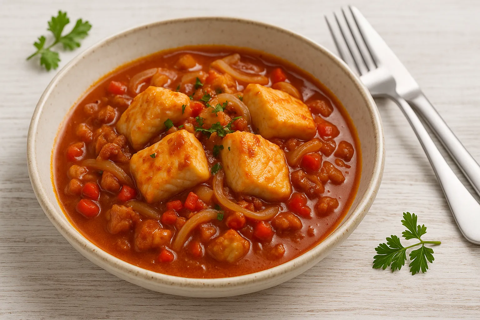 Fischgulasch mit Paprika, Speck und Zwiebeln in rustikalem Teller auf Holzhintergrund serviert