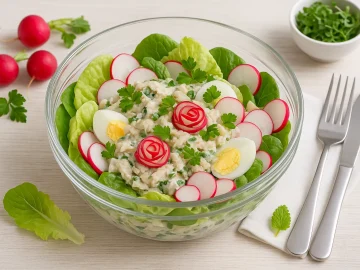Fischsalat Frühlingsgedicht mit Fischfilet, Blattsalat, Spinat, Radieschen und Eiern in einer Glasschale serviert
