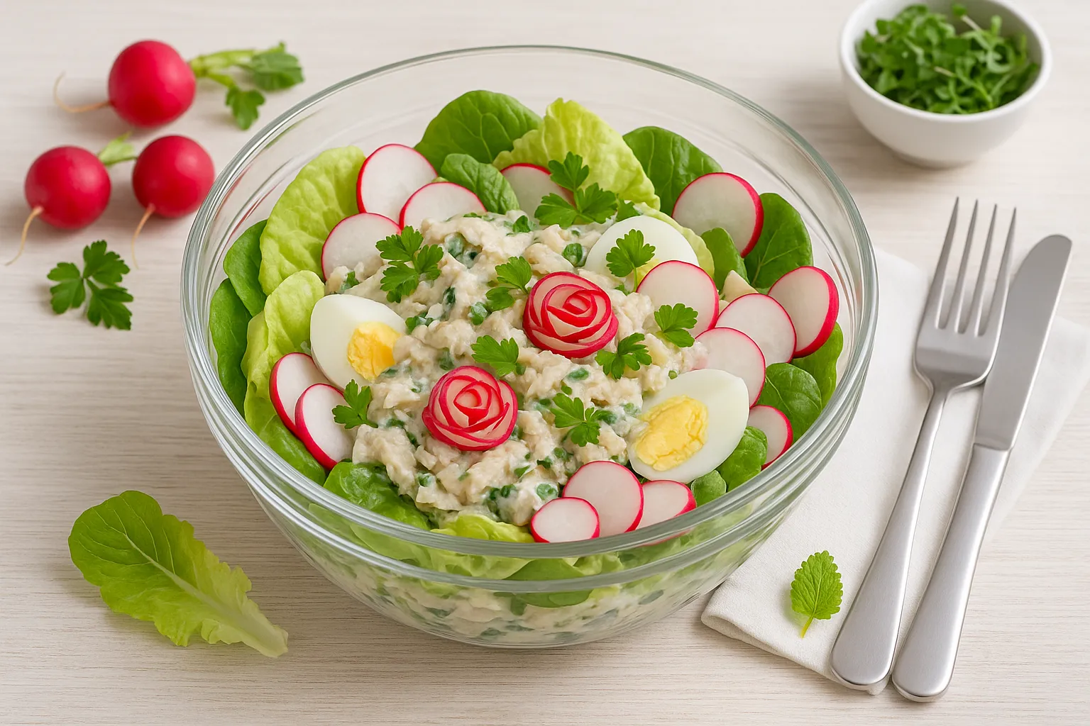 Fischsalat Frühlingsgedicht mit Fischfilet, Blattsalat, Spinat, Radieschen und Eiern in einer Glasschale serviert