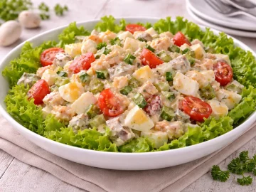 Fischsalat mit Ei, Tomaten und Gurken auf Salatblättern serviert