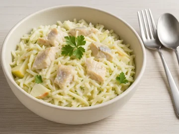 Fischsalat mit Sellerie, Äpfeln und Fischfiletstücken in cremigem Dressing, garniert mit Petersilie