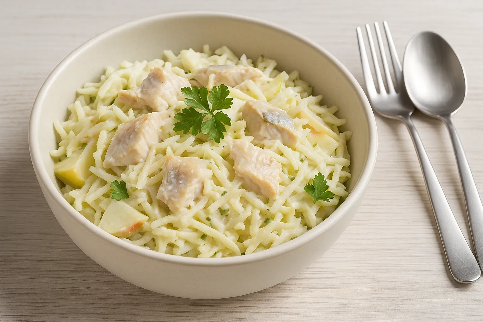 Fischsalat mit Sellerie, Äpfeln und Fischfiletstücken in cremigem Dressing, garniert mit Petersilie