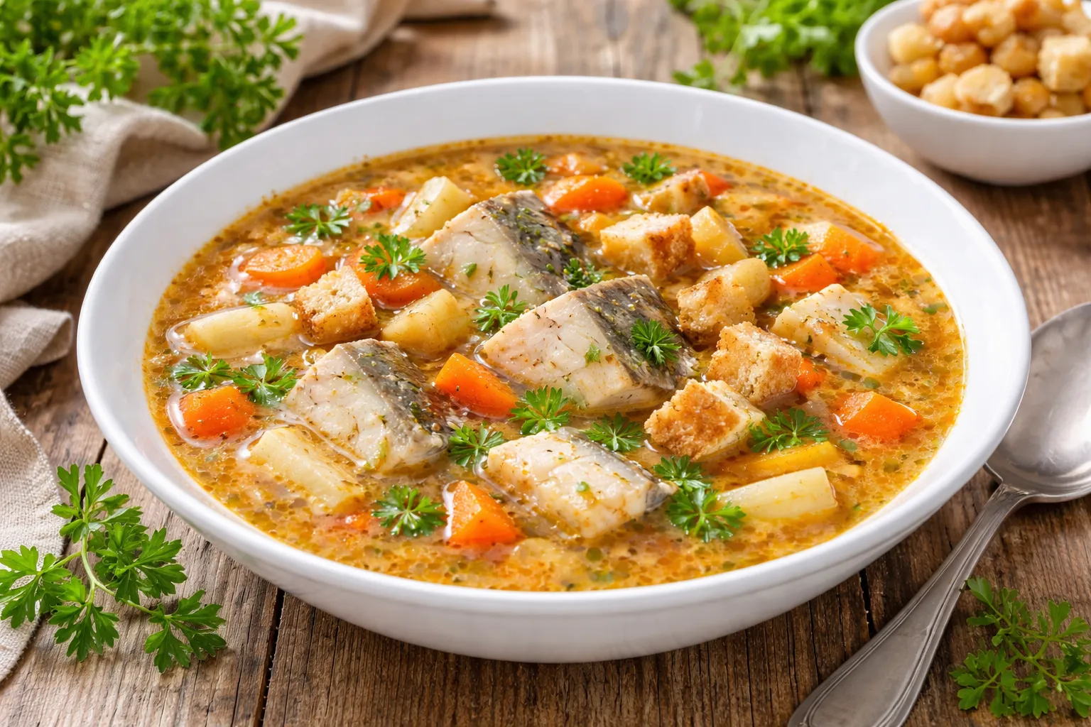 Tiefer weißer Teller mit Fischsuppe, Fischstücken, Gemüse und knusprigen Brotwürfeln auf weißem Holzhintergrund mit sichtbarer Maserung