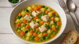 Fischtopf mit Gemüse, Kartoffeln und Fischwürfeln in weißem Teller auf Holztisch angerichtet