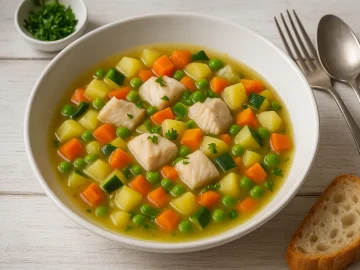 Fischtopf mit Gemüse, Kartoffeln und Fischwürfeln in weißem Teller auf Holztisch angerichtet