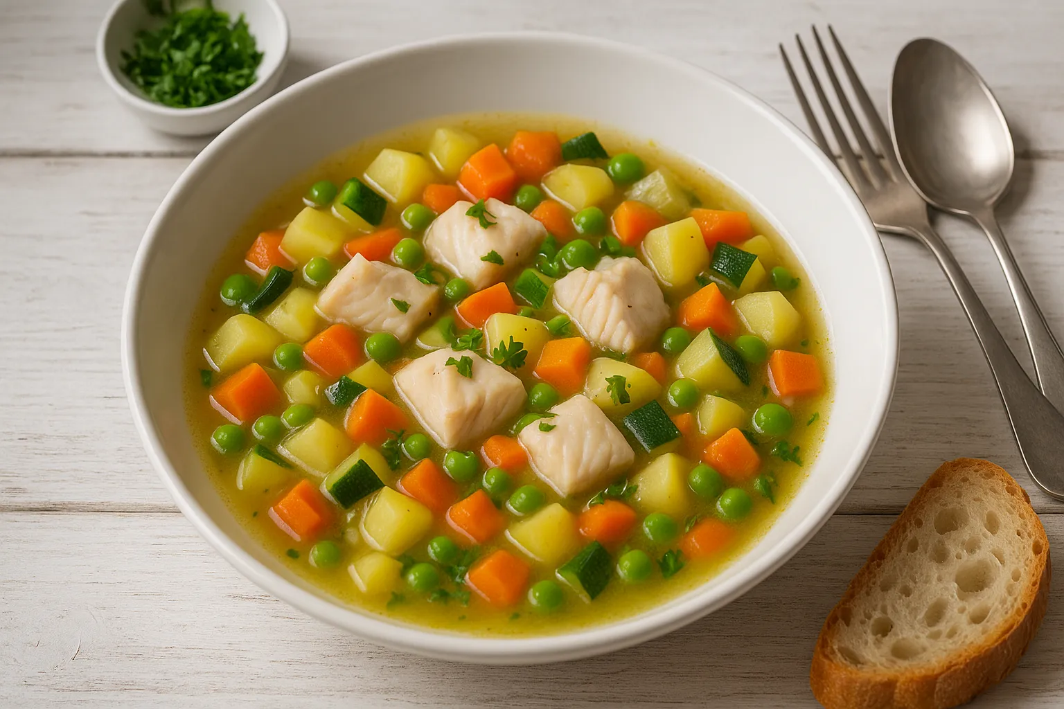 Fischtopf mit Gemüse, Kartoffeln und Fischwürfeln in weißem Teller auf Holztisch angerichtet