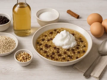Flämische Suppe mit Gräupchen, Apfelsaft, Korinthen und Eischnee in weißem Teller auf hellem Holzhintergrund