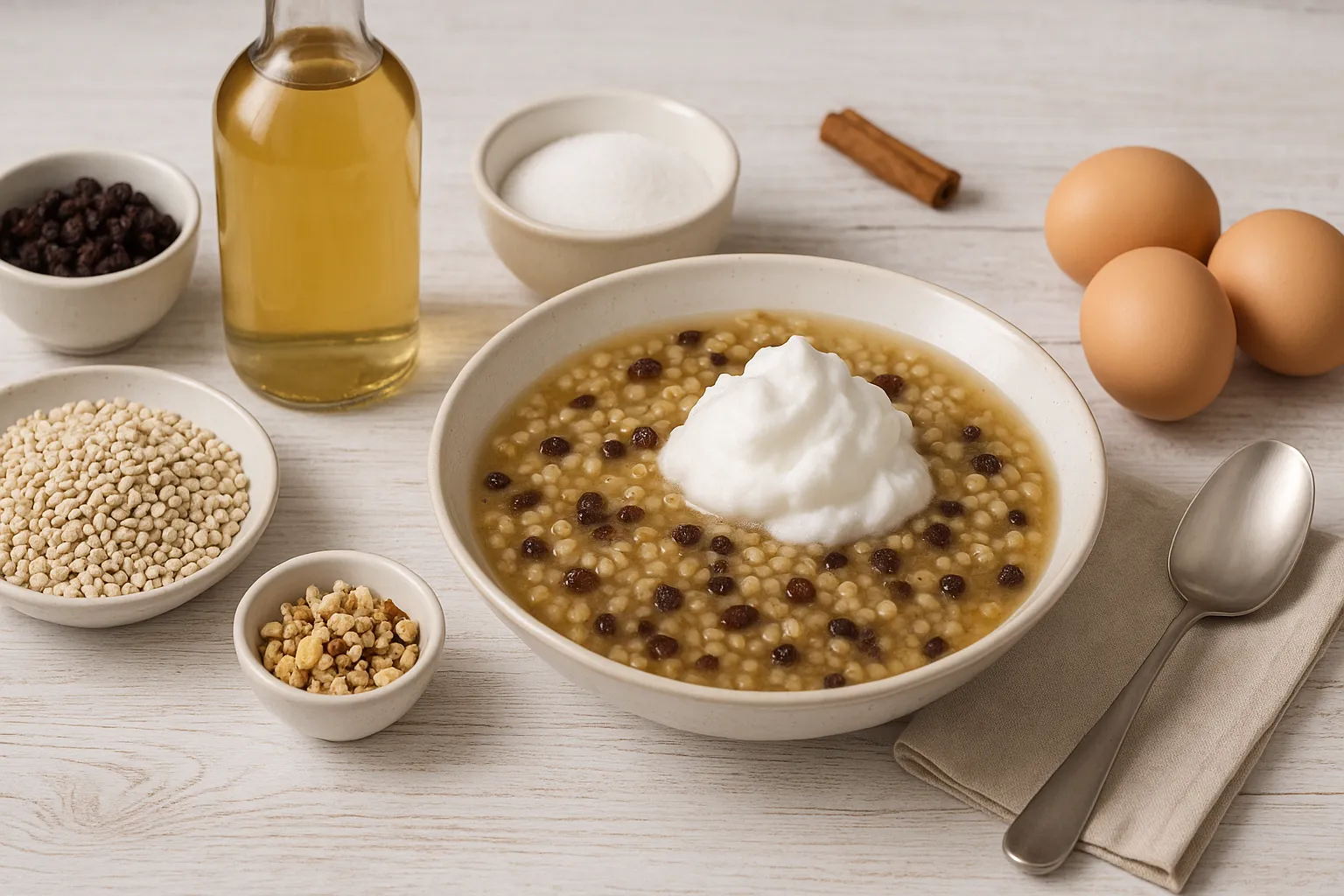Flämische Suppe mit Gräupchen, Apfelsaft, Korinthen und Eischnee in weißem Teller auf hellem Holzhintergrund