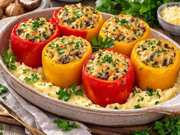 Gefüllte Paprikaschoten mit Reis und Pilzen in rustikaler Auflaufform auf hellem Holztisch