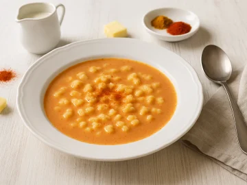 Flockensuppe mit Tomatenmark und Curry in weißem Suppenteller, dekoriert mit Löffel, Butter und Gewürzen auf hellem Holztisch