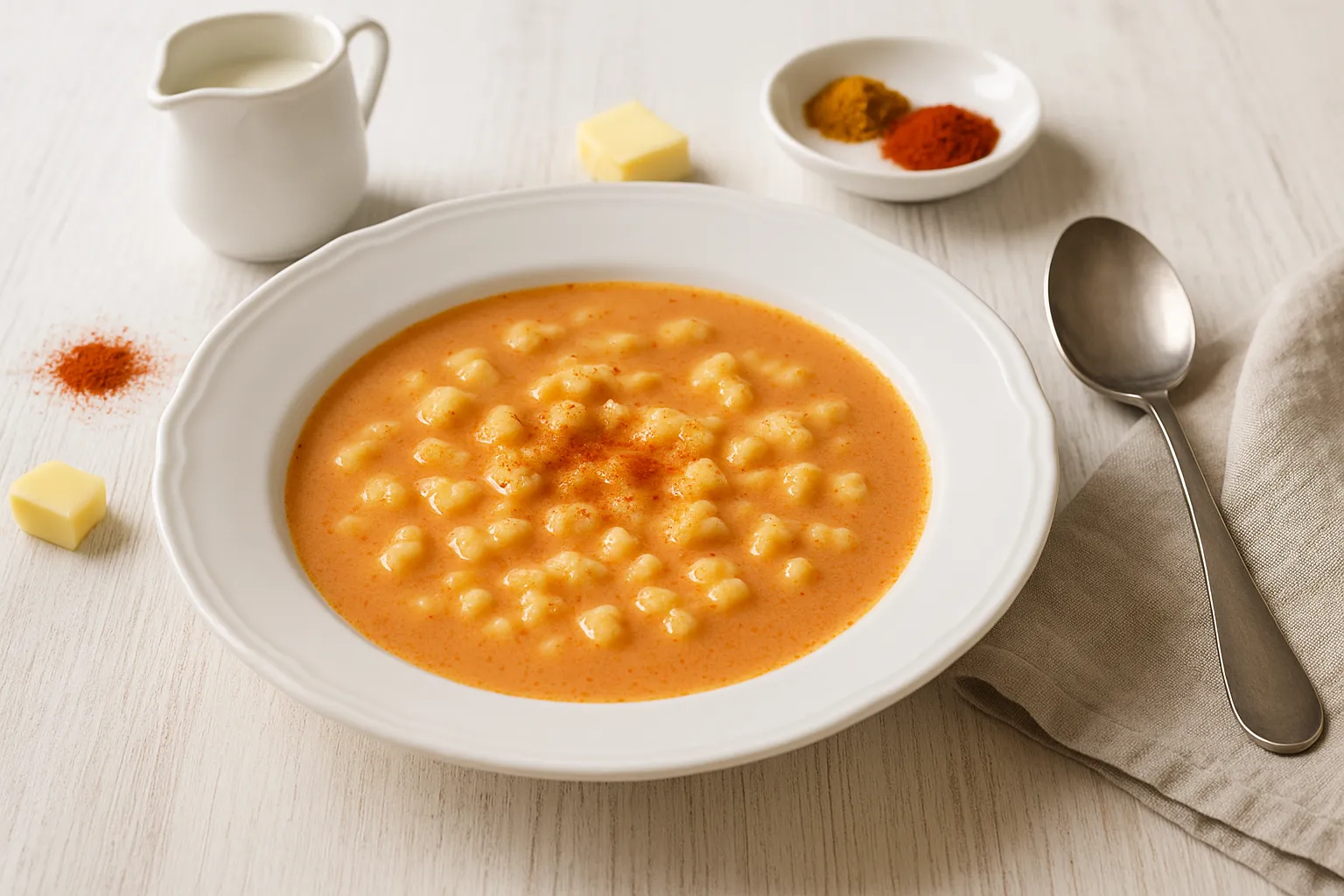 Flockensuppe mit Tomatenmark und Curry in weißem Suppenteller, dekoriert mit Löffel, Butter und Gewürzen auf hellem Holztisch