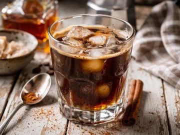 Florentiner Kaffee mit Eiswürfeln Weinbrand und Zimt in Glas auf Holztisch