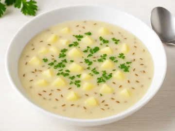 Fränkische Milchsuppe mit Kartoffeln, Milch und Petersilie in weißem Teller auf Holztisch