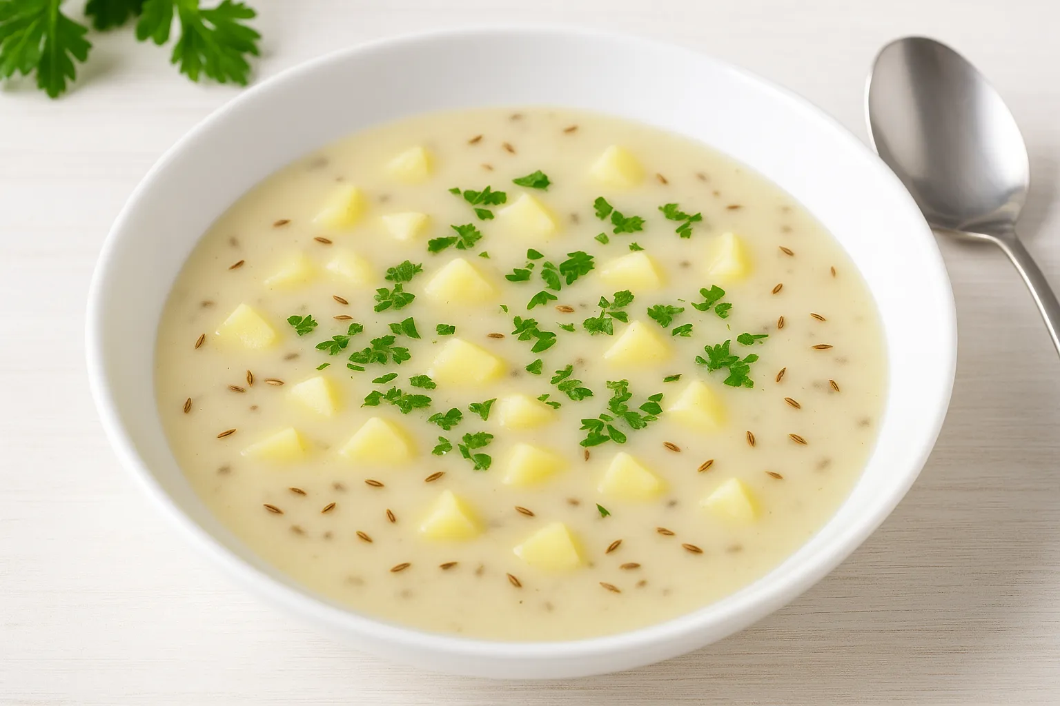 Fränkische Milchsuppe mit Kartoffeln, Milch und Petersilie in weißem Teller auf Holztisch