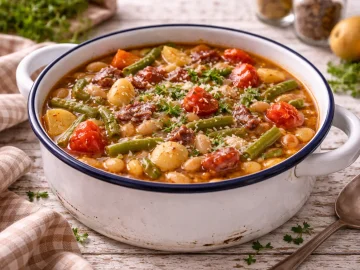 Herzhafter Bohneneintopf mit Speck, Kartoffeln und Gemüse in einer Emaille-Schüssel auf rustikalem Holztisch
