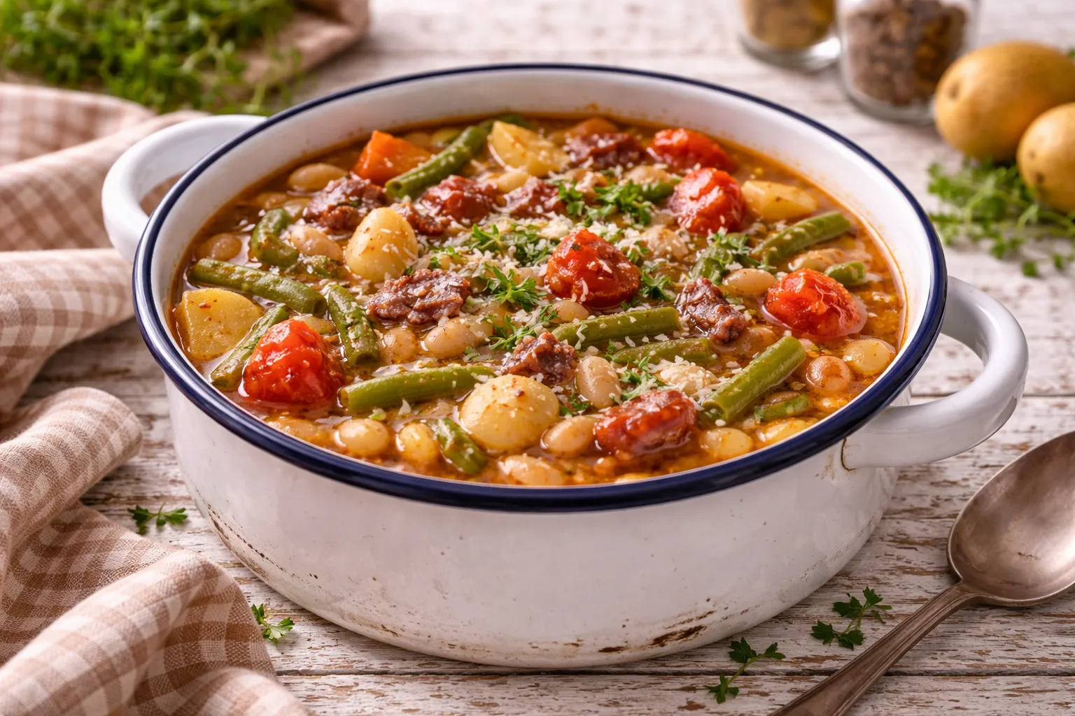 Herzhafter Bohneneintopf mit Speck, Kartoffeln und Gemüse in einer Emaille-Schüssel auf rustikalem Holztisch
