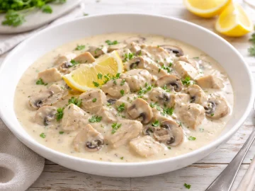Cremiges Hühnerfrikassee mit Pilzen und heller Soße in einem weißen tiefen Teller auf hellem Holztisch