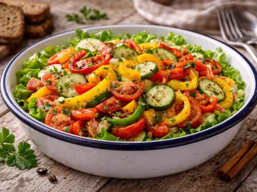Frischkostsalat mit Paprika Tomaten und Gurke in alter Emaille Schüssel auf Holztisch