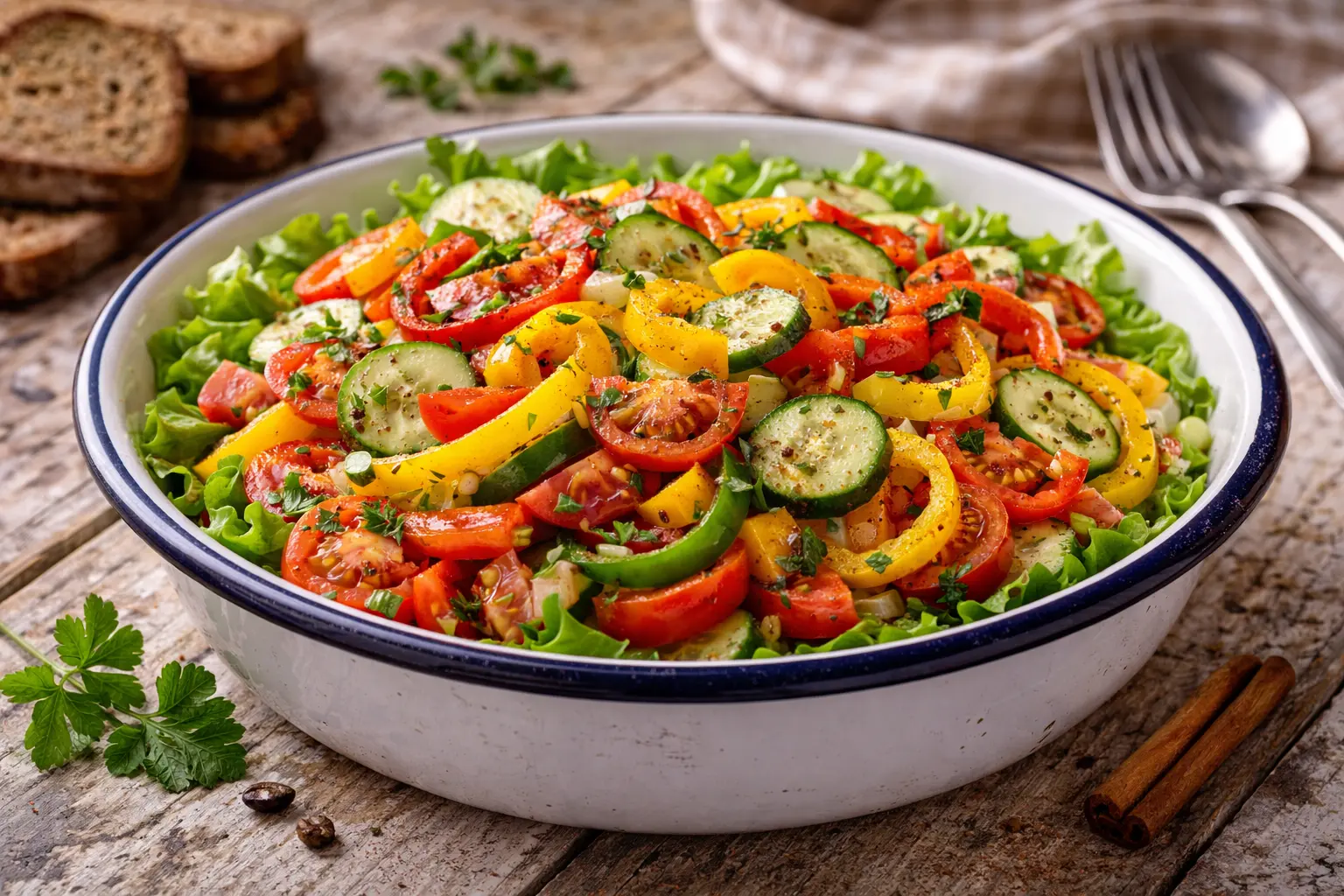 Frischkostsalat mit Paprika Tomaten und Gurke in alter Emaille Schüssel auf Holztisch