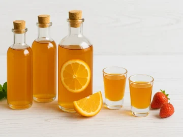 Selbstgemachter Frucht-Likör in klaren Flaschen mit Orangenscheiben dekoriert auf weißem Holzhintergrund