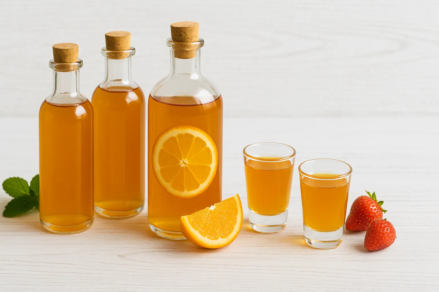 Selbstgemachter Frucht-Likör in klaren Flaschen mit Orangenscheiben dekoriert auf weißem Holzhintergrund