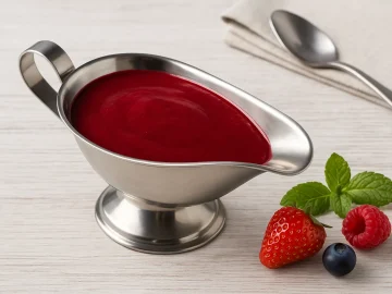 Fruchtmarksoße aus Beeren in einer glänzenden Edelstahlsauciere auf Holzhintergrund serviert