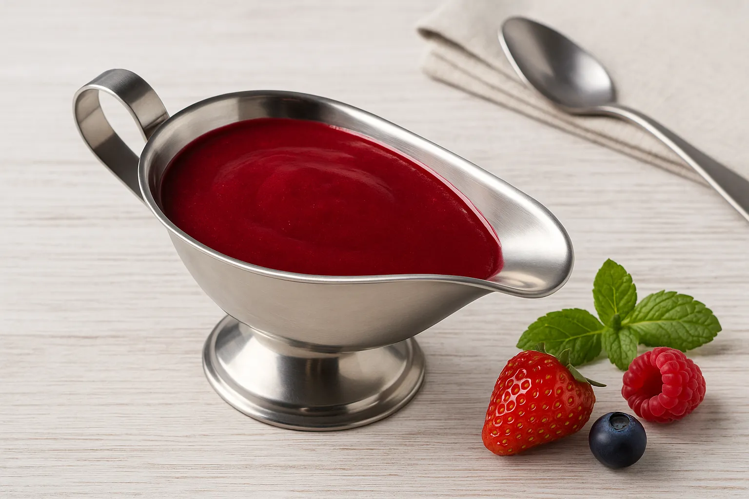 Fruchtmarksoße aus Beeren in einer glänzenden Edelstahlsauciere auf Holzhintergrund serviert
