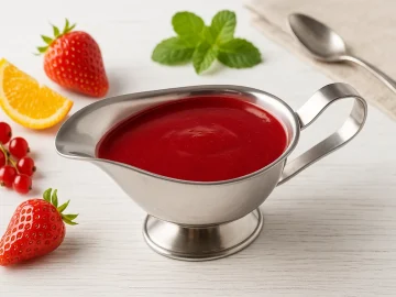 Fruchtsaftsoße in Edelstahl-Sauciere auf weißem Holzhintergrund