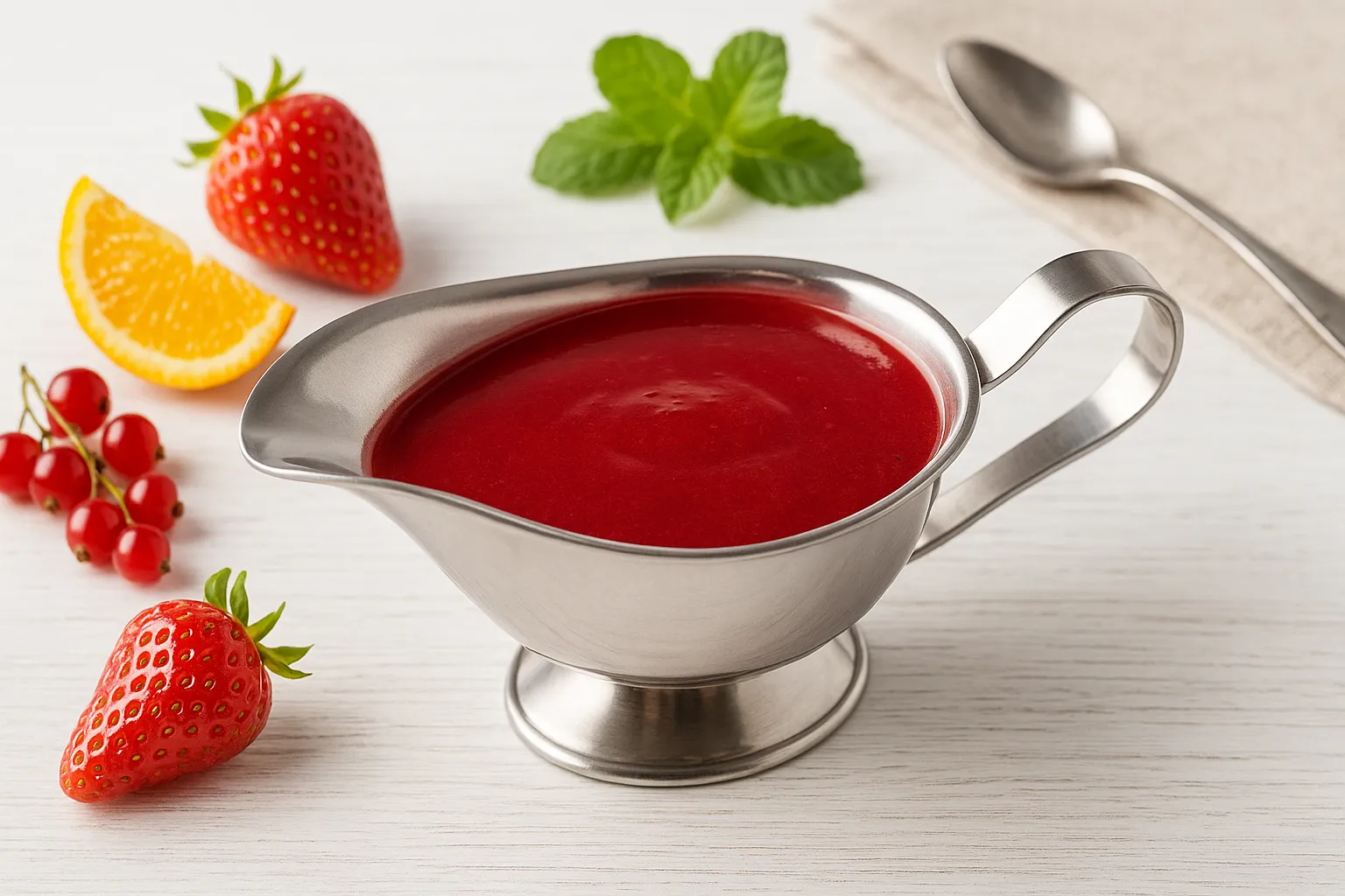 Fruchtsaftsoße in Edelstahl-Sauciere auf weißem Holzhintergrund