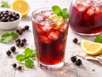 Fruchtiger Tee mit Johannisbeermost und Eiswürfeln in einem Glas auf hellem Holztisch