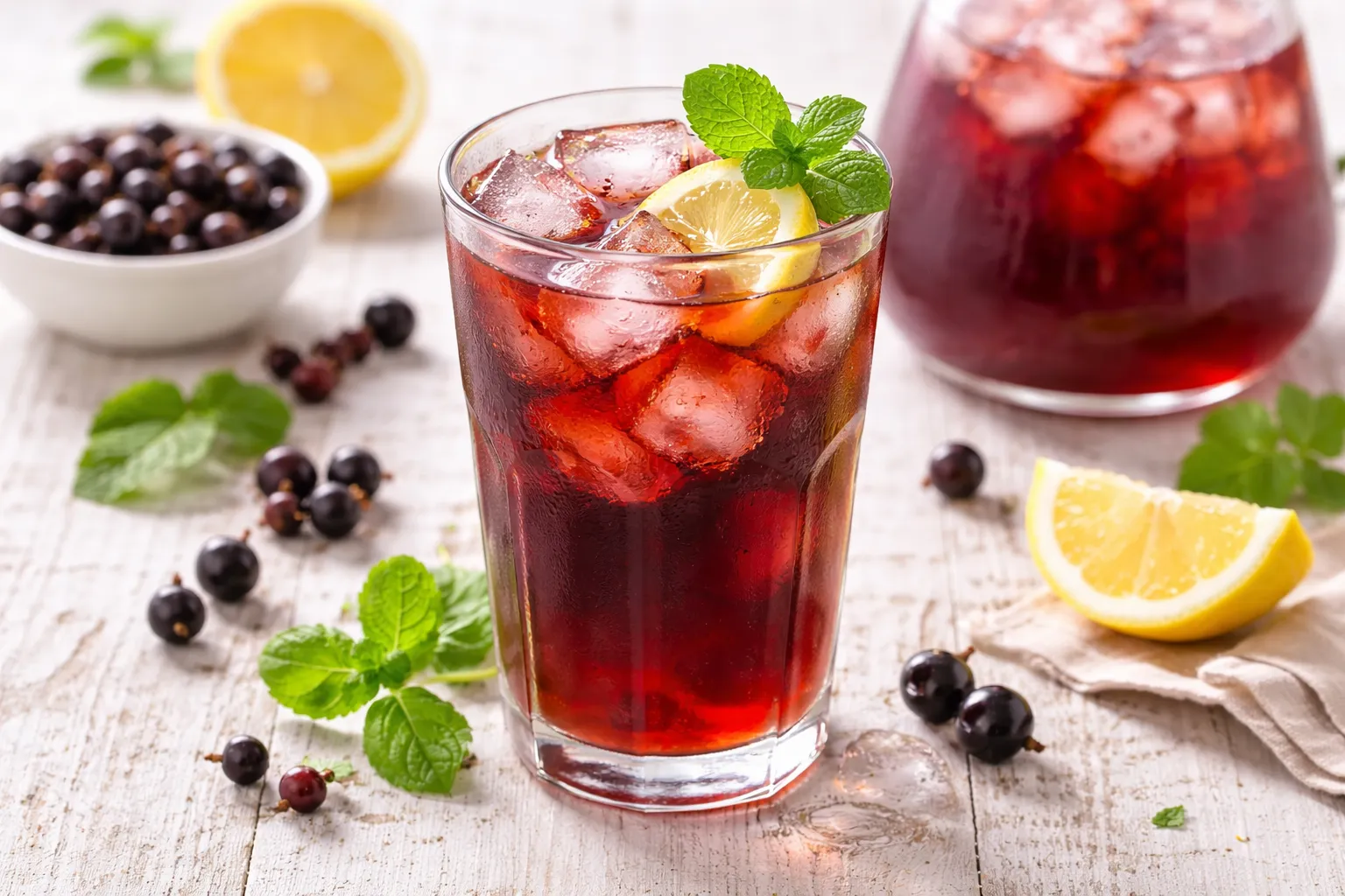Fruchtiger Tee mit Johannisbeermost und Eiswürfeln in einem Glas auf hellem Holztisch