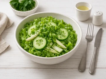 Weißes DDR-Geschirr mit Gartensalat aus grünem Salat, Gurke, Chicorée und Kräutern, dekoriert auf weißem Holzhintergrund