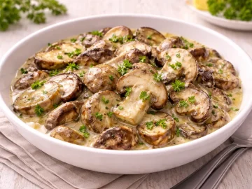 Gedünstete Steinpilze mit Petersilie in weißer Schüssel auf hellem Holztisch