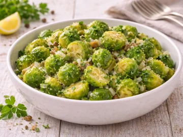 Gedünsteter Rosenkohl mit Zwiebeln und Petersilie in moderner Schüssel auf hellem Holztisch