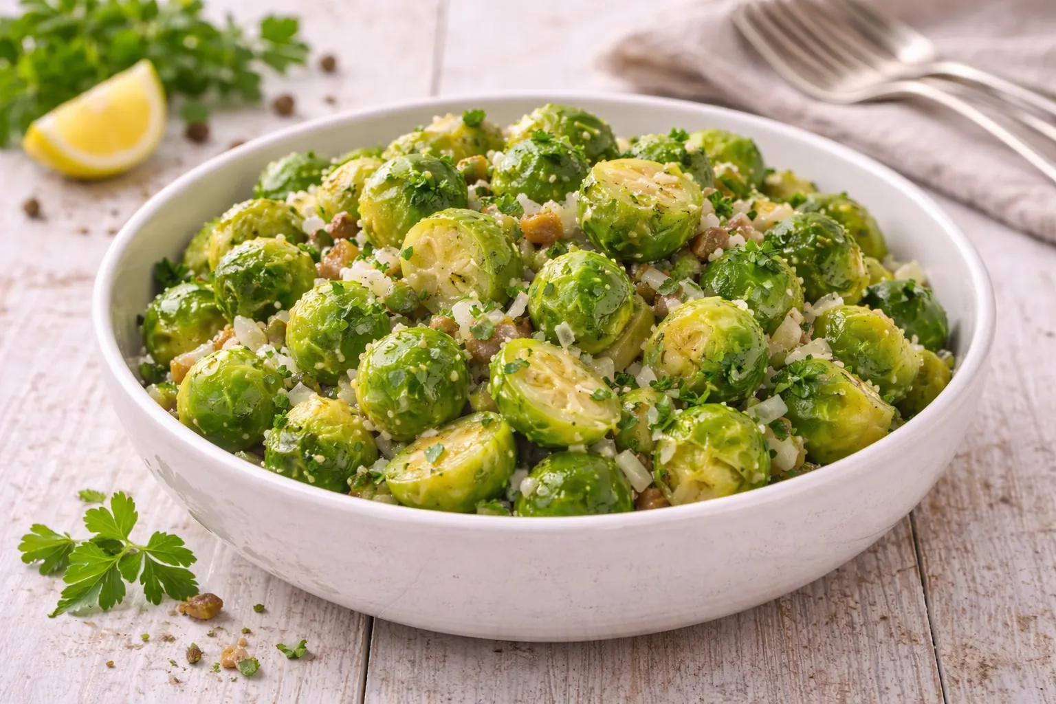 Gedünsteter Rosenkohl mit Zwiebeln und Petersilie in moderner Schüssel auf hellem Holztisch