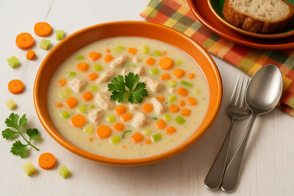 Orange Schale mit cremiger Geflügelcremesuppe, Hühnerfleisch, Möhren, Sellerie, Lauch und Petersilie auf weißem Holz, daneben Brot und Besteck.