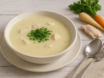 Weiße Suppenschale mit Geflügelcremesuppe, garniert mit Petersilie, auf weißem Holztisch mit Hühnerfleisch und Suppengrün