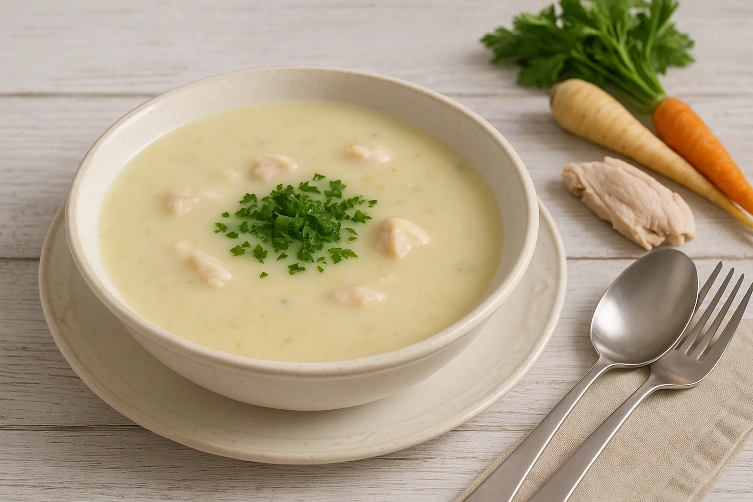Weiße Suppenschale mit Geflügelcremesuppe, garniert mit Petersilie, auf weißem Holztisch mit Hühnerfleisch und Suppengrün