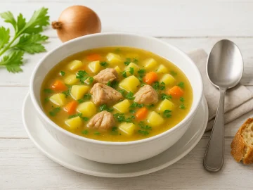 Weiße Suppenschale mit Geflügelkleinsuppe, mit Geflügelstücken, Kartoffeln und Selleriegrün, auf weißem Holztisch mit Besteck