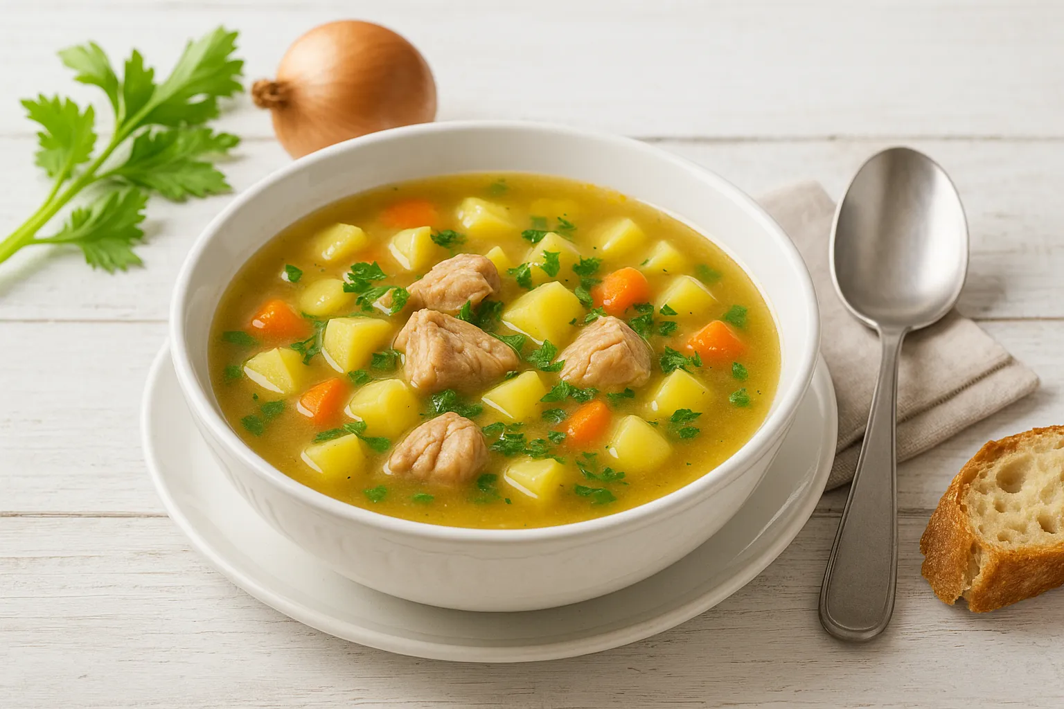 Weiße Suppenschale mit Geflügelkleinsuppe, mit Geflügelstücken, Kartoffeln und Selleriegrün, auf weißem Holztisch mit Besteck