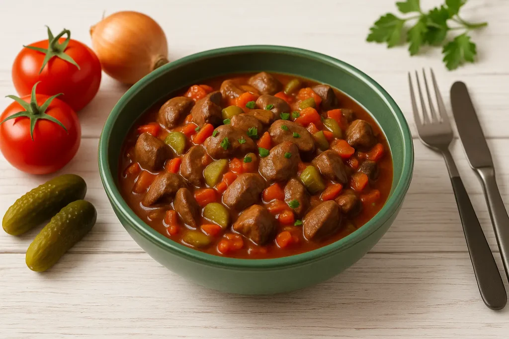  Geflügelleberragout mit Tomaten und Gewürzgurken in grüner Schüssel, serviert auf weißem Holztisch mit Beilagen und moderner Tischdeko.