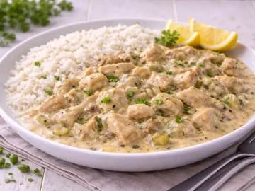 Geflügelragout mit zarten Fleischstücken in sämiger Soße auf weißem Teller mit Reis